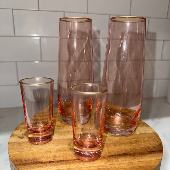 Other - Vintage Rose Color Gold Rimmed Champagne and Shot Glasses